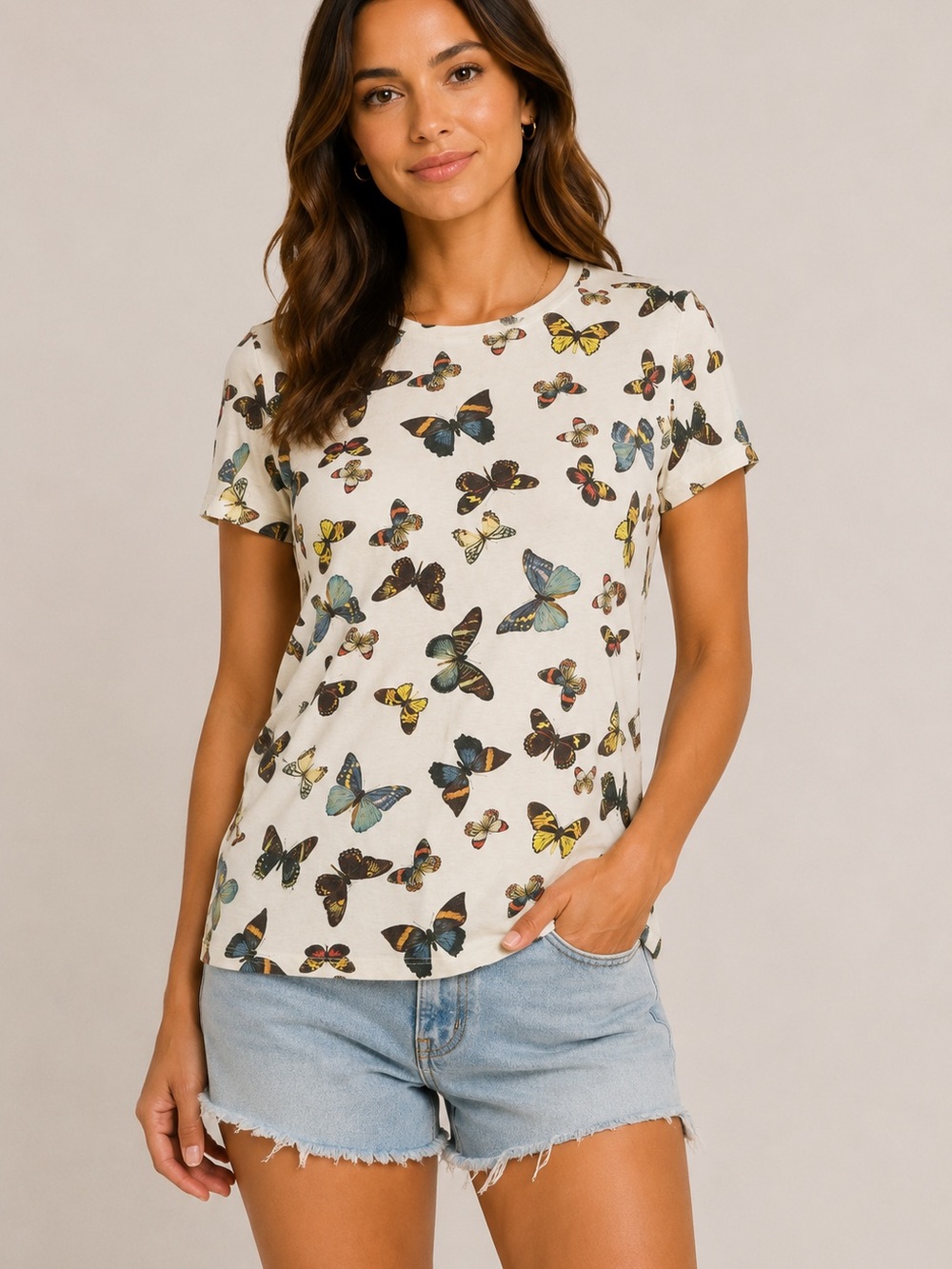L’AGENCE Ivory Butterfly Print Tee Size Small Rayon Stretch Short Sleeve
